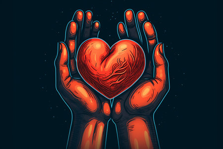 hands holding red heart icon illustration. hand making heart sign. health care, hope, life insurance concept, world heart day, organ donor day, gratitude. generative aiの素材