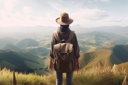girl tourist stands on a Iceland. a traveler with a backpack and a hat stands with his back with a beautiful Iceland view. Generative AIの素材