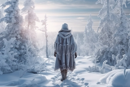 girl tourist stands in the winter frosty forest. a traveler with a backpack and his back. dangerous species with risk of hypothermia. Generative AIの素材