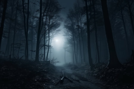 foggy and dark woods at night, mystery forest. Magical saturated foggy forest trees landscape. Generative AIの素材