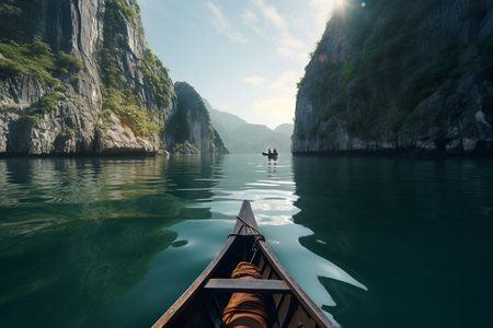 POV wooden boat. Sailing in a boat through the Vietnam sea. View from the boat at Vietnam bay , with a dense forest on the shore and blue sky. Generative AIの素材