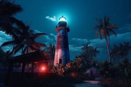 lighthouse on a tropical island at night. Generative AIの素材