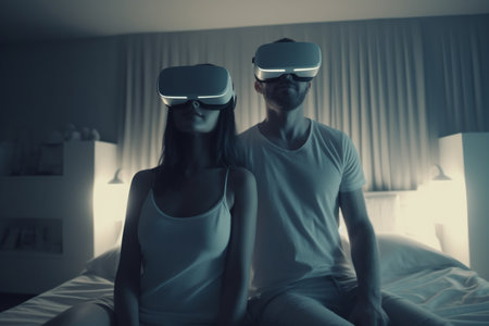 a young couple in virtual reality glasses get a new interesting experience. young couple is having fun in bed together Generative AIの素材