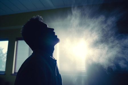 silhouette of a sneezing man in a hospital pallet. allergic man.Generative AIの素材