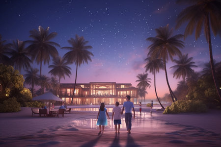 Nebulous art holiday vacation. the family with their backs to the camera.Happy family enjoying together on beach on holiday vacation, Generative AIの素材