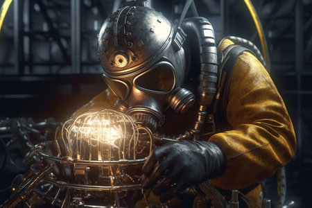 a welder welds large pieces of metal.the magic of inventions. steampunk style. construction and processing of steel components. Generative AIの素材