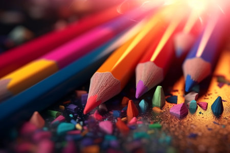 close-up of colored pencils. bright color picture of drawing tools for children and adults. Generative AIの素材