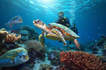 family happy diving with turtles on the barrier reef. children are diving under water. Generative Aiの素材