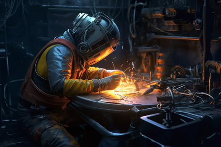 a welder welds large pieces of metal.the magic of inventions. cyberpunk style. construction and processing of steel components. Generative AIの素材