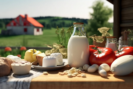 farm products on the table. ecologically healthy food. illustrations of vegetables and milk that the farm gives. Generative Aiの素材