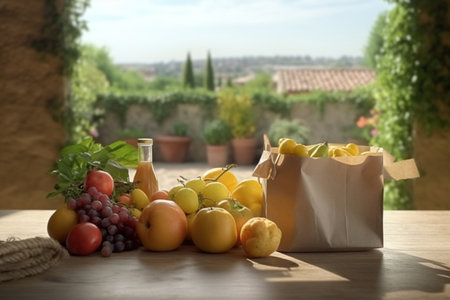 farm products on the table. ecologically healthy food. illustrations of vegetables and milk that the farm gives. Generative Aiの素材