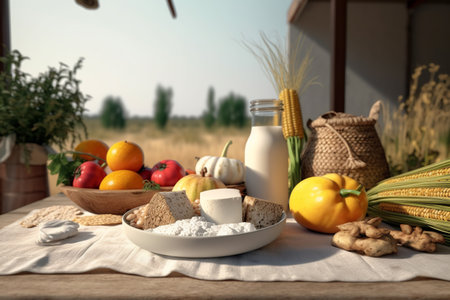 farm products on the table. ecologically healthy food. illustrations of vegetables and milk that the farm gives. Generative Aiの素材