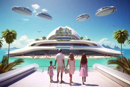 long-awaited family enjoying with holiday vacation. the family with their backs to the camera.Happy family enjoying together on beach on holiday vacation, futuristic design Generative AIの素材