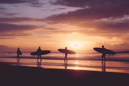 silhouette of surfers with boards on the beach against the background of a pink sunset. Generative Aiの素材