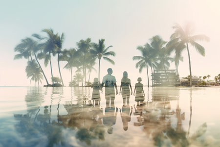 long-awaited family enjoying with holiday vacation. double exposure the family with their backs to the camera.Happy family enjoying together on beach on holiday vacation, Generative AIの素材