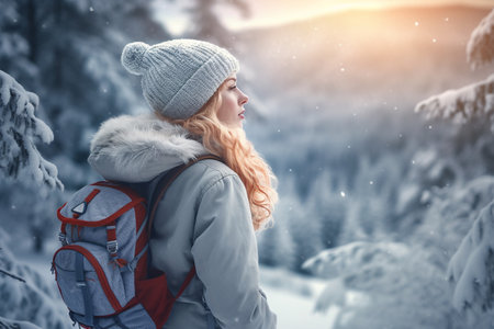 girl tourist stands in the winter frosty forest. a traveler with a backpack and his back. dangerous species with risk of hypothermia. Generative AIの素材