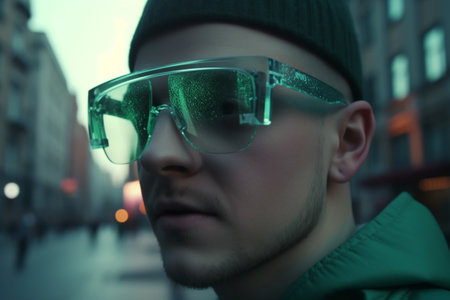 concept transparent glasses of augmented reality on a person in the middle of the city. Generative Aiの素材