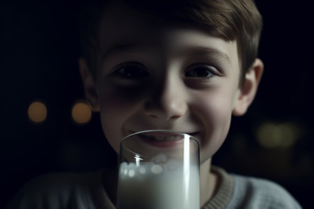 happy healthy child drinking fresh milk on the farm. smiling boy. Generative Aiの素材