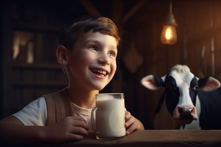 happy healthy child drinking fresh milk on the farm. calves and cows in the background. smiling boy Generative Aiの素材