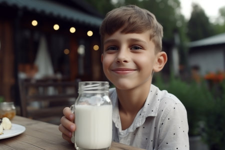 happy healthy child drinking fresh milk on the farm. smiling boy. Generative Aiの素材