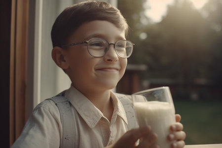 happy healthy child drinking fresh milk on the farm. smiling boy. Generative Aiの素材