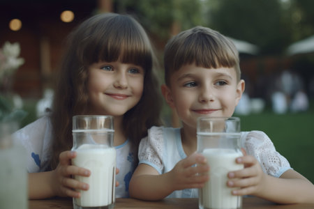 happy healthy child drinking fresh milk on the farm. smiling boy and girl. Generative Aiの素材
