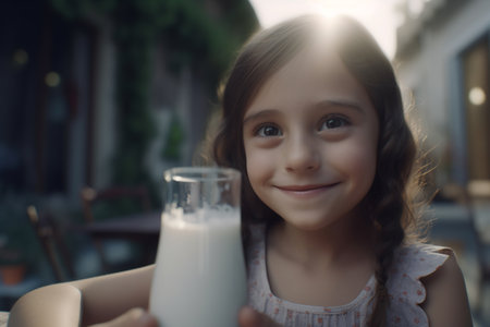 happy healthy child drinking fresh milk on the farm. smiling girl. Generative Aiの素材