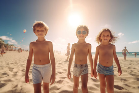 smiling boy and girl on the beach having an unforgettable summer sea vacation. children are playing on the beach. Generative Aiの素材