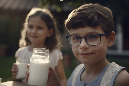 happy healthy child drinking fresh milk on the farm. smiling boy and girl. Generative Aiの素材