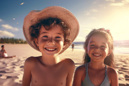smiling boy and girl on the beach having an unforgettable summer sea vacation. children are playing on the beach. Generative Aiの素材
