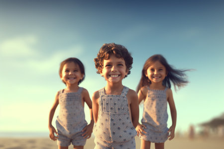 smiling boy and girl on the beach having an unforgettable summer sea vacation. children are playing on the beach. Generative Aiの素材