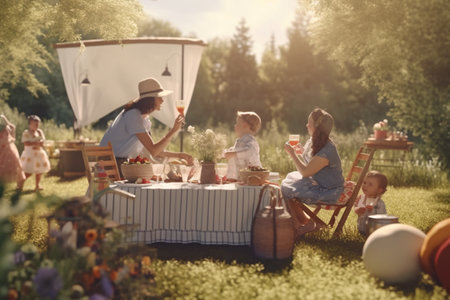 lifestyle photo family sunny day nature picnic retro. family, leisure and people concept - happy mother, father and two little sons having picnic at summer park. Generative Aiの素材