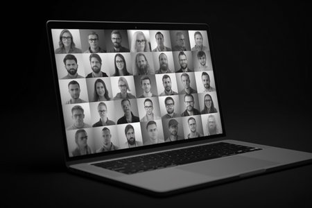 Happy people in a Laptop screen communicate. Man Working From Home Having Online Group Video meeting On Laptop. digital conference. team leader manager executive. Generative Aiの素材