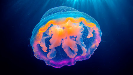 glowing neon jellyfish produce a fantastic rainbow light show via diffracting light through movement of cilia and bioluminescence. Generative Aiの素材