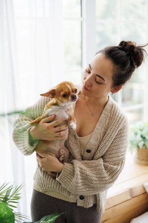 Young Asian woman in cozy jumper holding chihuahua dog near plants at homeの写真素材