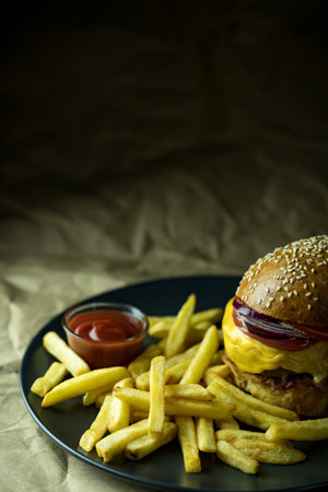 Hamburger with French fries and tomato sauce on craft paper, copy spaceの写真素材