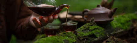 Man pouring shu puer tea near clay teapot on moss in forestの写真素材