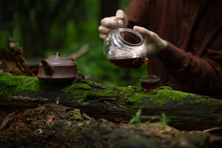 Cropped view of man pouring shu puerh tea near clay teapot in forestの写真素材
