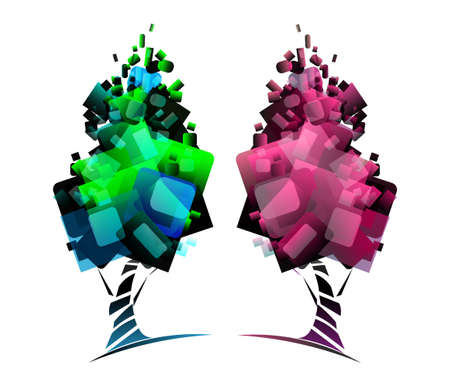 Stylized, geometric green tree collection illustration.のイラスト素材