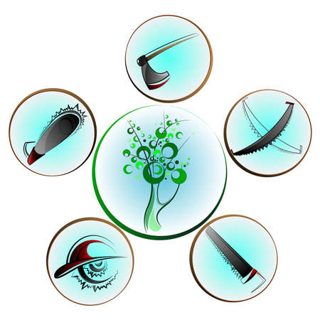 Vector illustration with an image of an ax with a stump. Stump with an ax, isolated on a white background. Wooden woodworking axle or woodcutter icon or badge. A flat icon.のイラスト素材