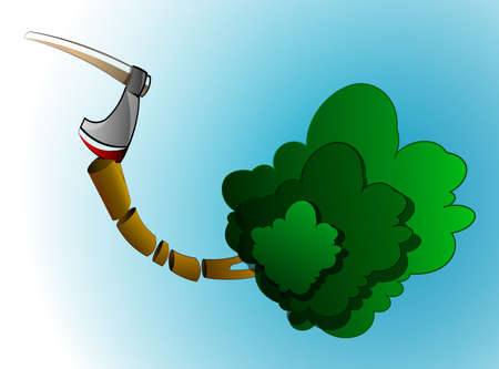 Vector illustration with an image of an ax with a stump. Stump with an ax, isolated on a white background. Wooden woodworking axle or woodcutter logo or badge. Logo. A flat icon.のイラスト素材