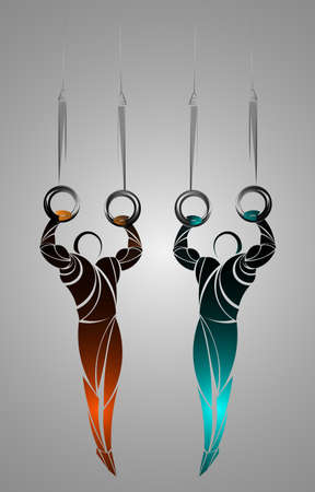 Muscular young adult doing intense workout on gymnastics rings. fitness, sportsのイラスト素材