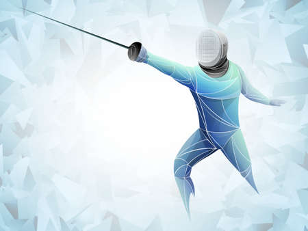 Fencer. Man wearing fencing suit practicing with sword. Sports arena and lense-flares. Neon effect....
