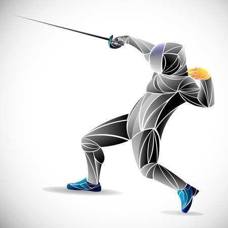 Fencer. Man wearing fencing suit practicing with sword. Sports arena and lense-flares. Neon effect....