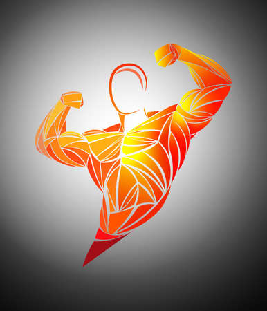 Bodybuilder out vector. Muscular bodybuilder guy standing on gym and posing triceps muscle. Beautiful and muscular black man on dark background. Athlete black.のイラスト素材