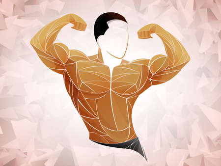 Bodybuilder out vector. Muscular bodybuilder guy standing on gym and posing triceps muscle. Beautiful and muscular black man on dark background. Athlete black.のイラスト素材