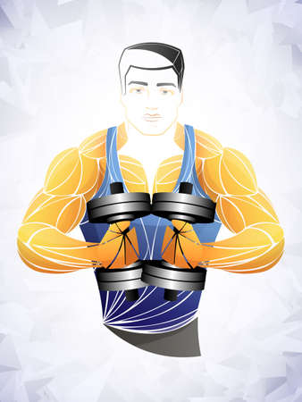 Bodybuilder out vector. Muscular bodybuilder guy standing on gym and posing triceps muscle. Beautiful and muscular black man on dark background. Athlete black.のイラスト素材