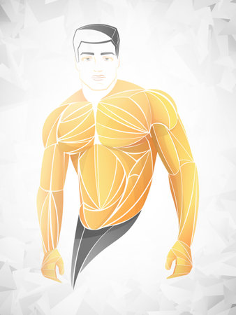 Bodybuilder out vector. Muscular bodybuilder guy standing on gym and posing triceps muscle. Beautiful and muscular black man on dark background. Athlete black.のイラスト素材