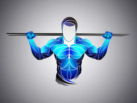 Bodybuilder out vector. Muscular bodybuilder guy standing on gym and posing triceps muscle. Beautiful and muscular black man on dark background. Athlete black.のイラスト素材