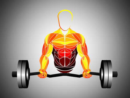Bodybuilder out vector. Muscular bodybuilder guy standing on gym and posing triceps muscle.のイラスト素材